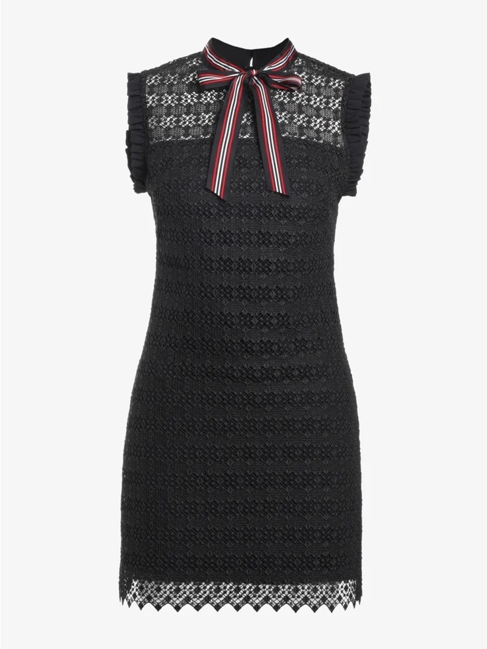 Sandro Black Lace Mini Dress with Red-Striped Bow